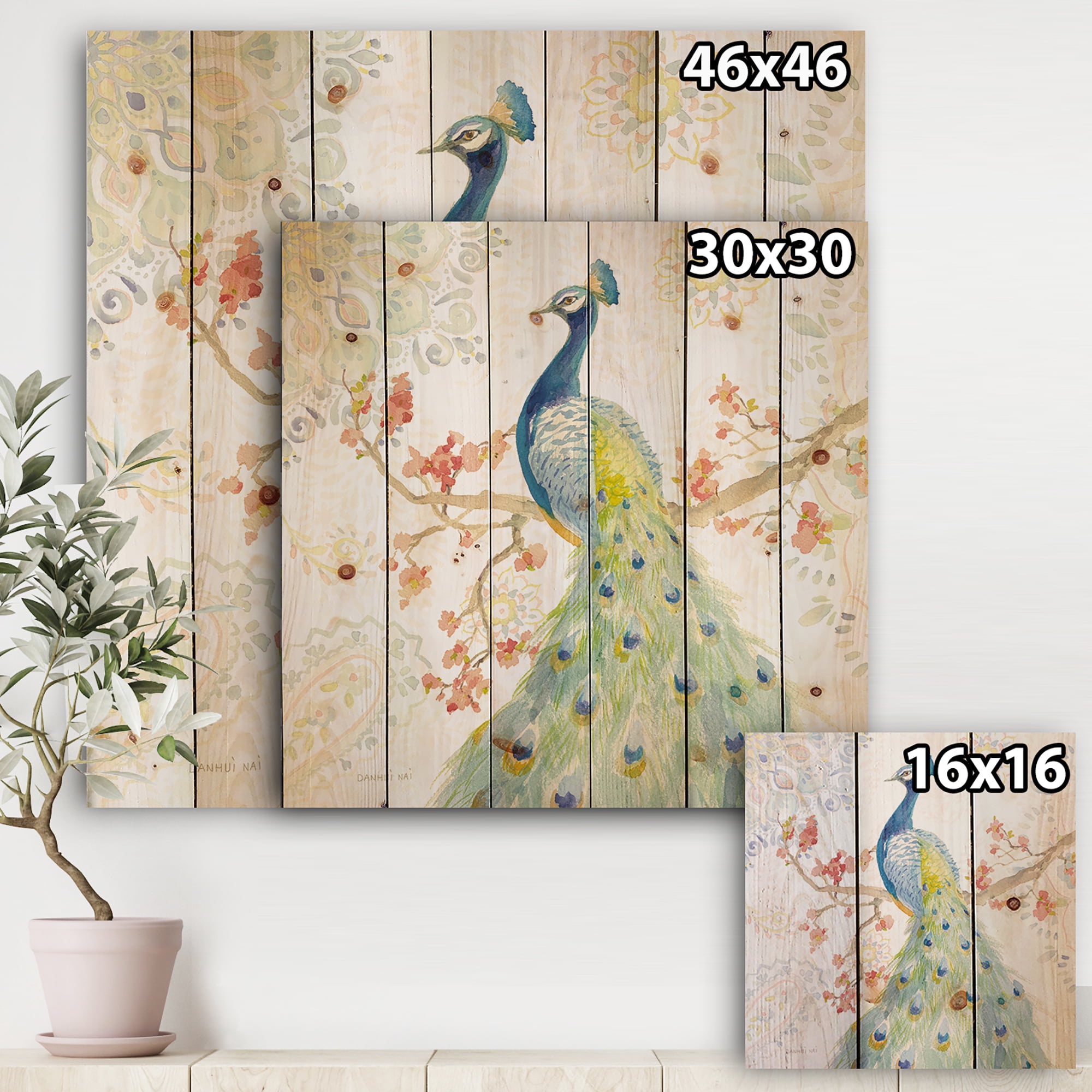 Designart 'peacocks Watercolor II' Traditional Print on Natural Pine Wood