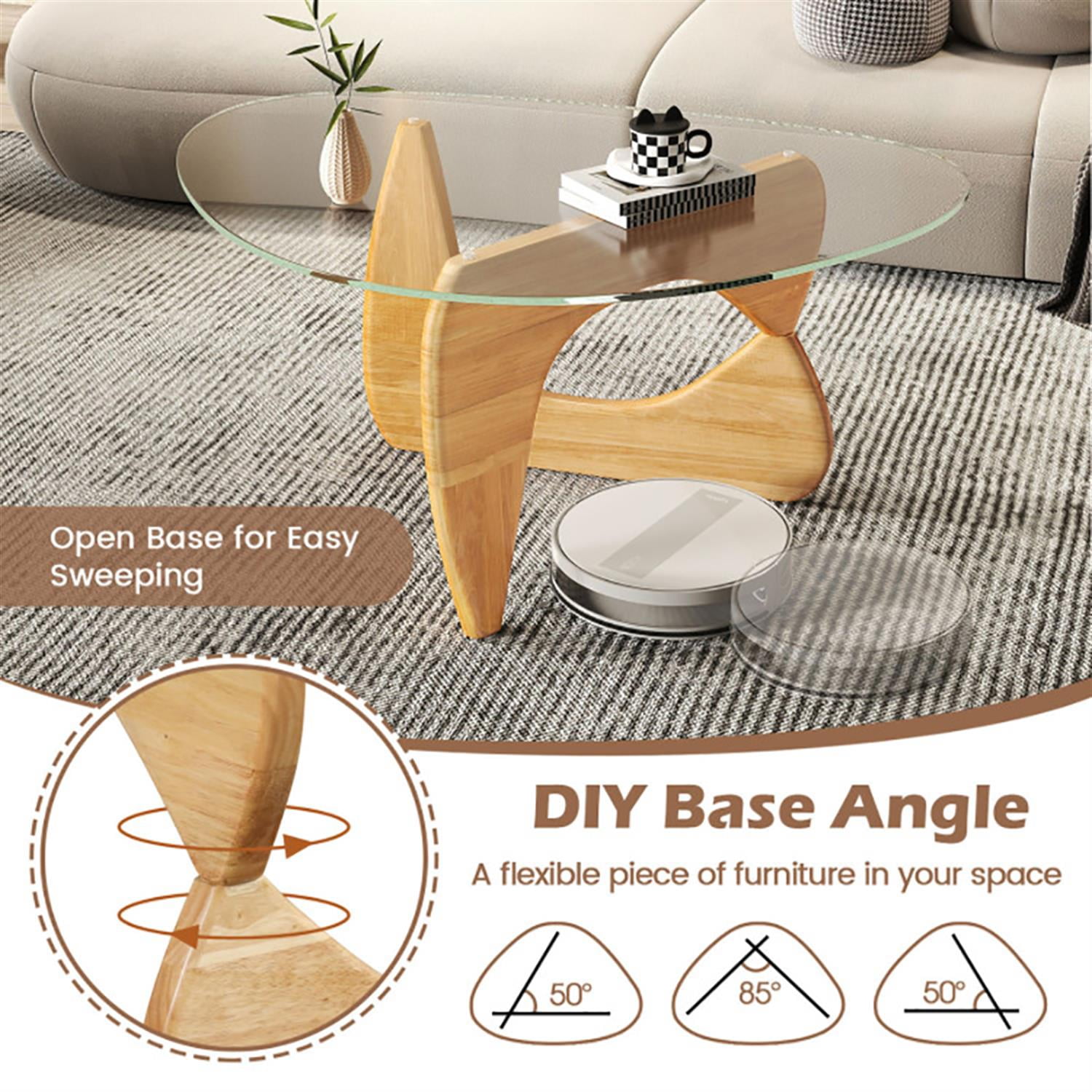 Demi Bonn Triangle Coffee Table, Dining Center Tables with Tempered Glass Top and Adjustable Rubber Wood Base for Living Room, Bedroom, Office and Balcony, Beige