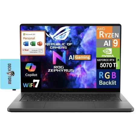ASUS ROG Zephyrus G14 AI Gaming Laptop 14.0in 120Hz 2.8K Display (AMD Ryzen AI 9 HX 370, GeForce RTX™ 5070 Ti 12GB, 32GB LPDDR5X, Win 11 Pro) w/Microsoft 365 Personal , DKZ USB Port Expander