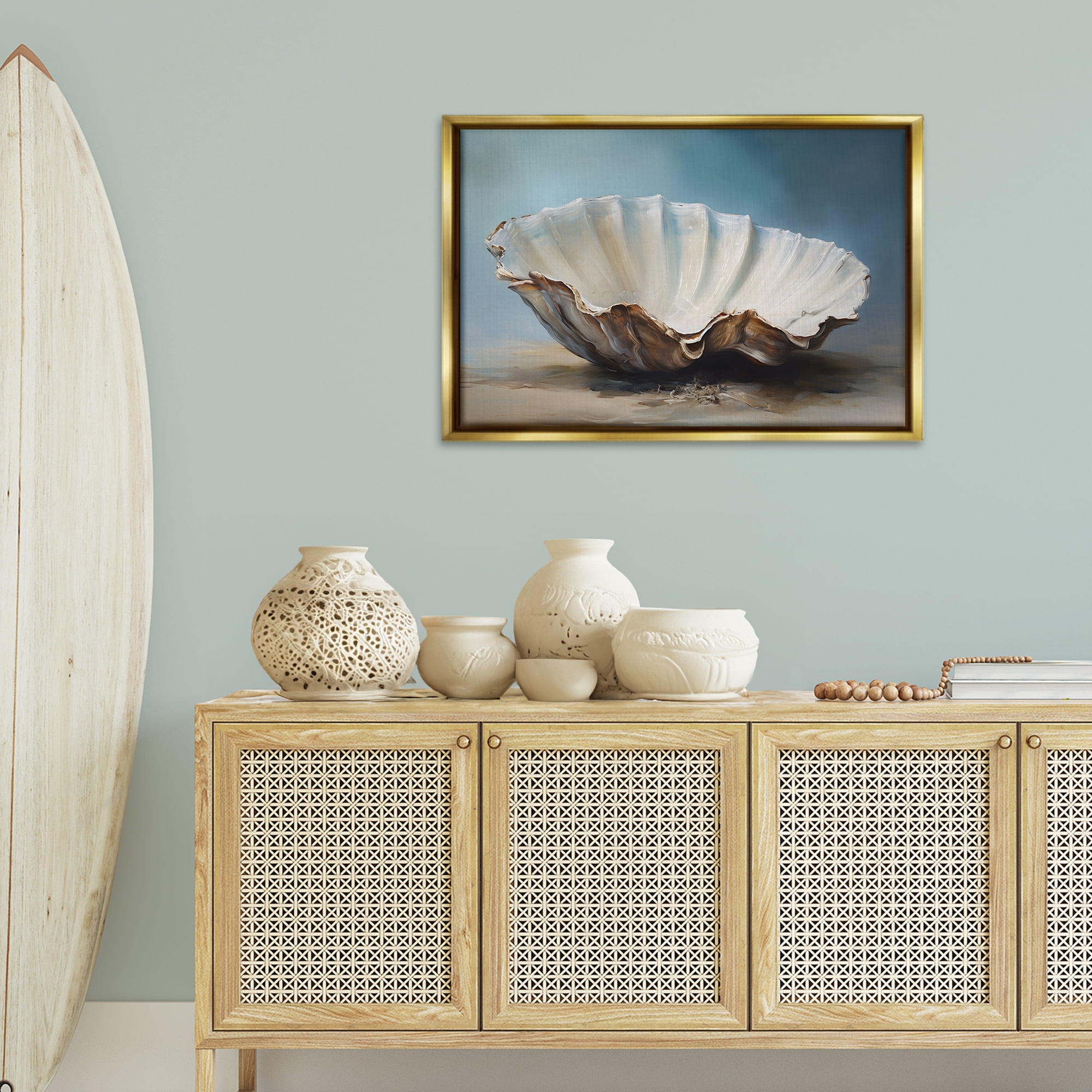 Stupell Industries Neutral Beach Seashell Nautical & Beach Painting Gold Floater Framed Canvas Art Print Wall Art, 31 x 21