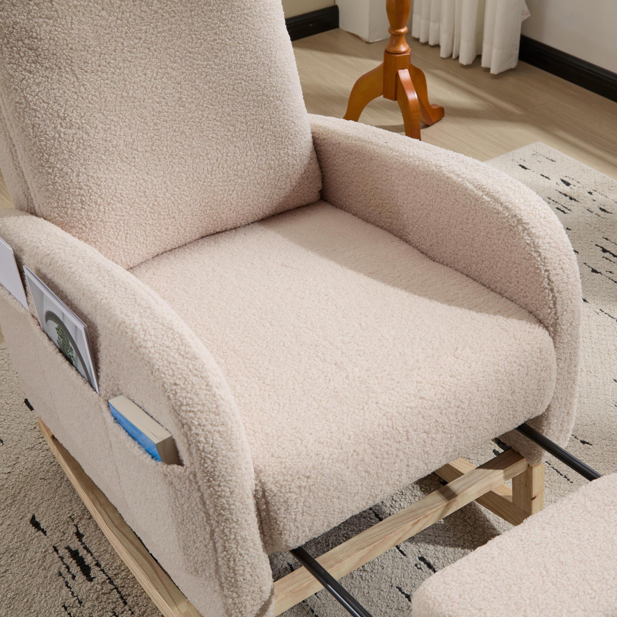 Leumius Rocking Chair Nursery with Footrest, Teddy Fleece Upholstered Glider Rocker Chairs w/ Curved Solid Wood Base & Side Pocket,Modern High Backrest Nursing Accent Rockers for Living Room, Bedroom