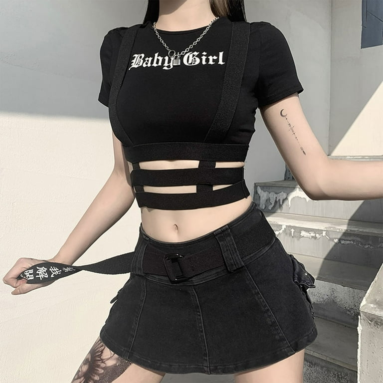 Gothic Emo girl Baby Tee Vintage Street Women Letter Print Grunge T-shirt  Y2k Clothes Aesthetic Cute Slim Punk Black Crop Top