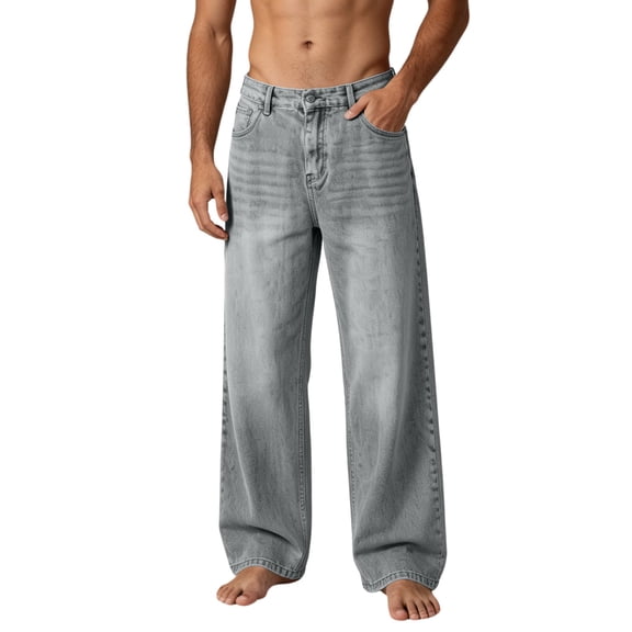 USNSM Baggy Hip Hop Jeans for Men Wide Leg Skater Denim Pants Retro Casual Solid Color Loose Fit Long Trousers Gray XXXL