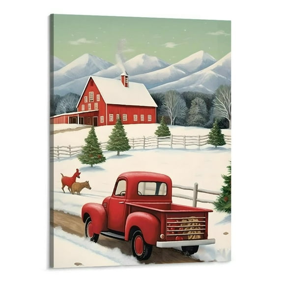 Shiartex Christmas Decor Red Truck for Home Office Decor 16x20in Canvas Wall Art Picture for Living Room Bedroom 16x20in