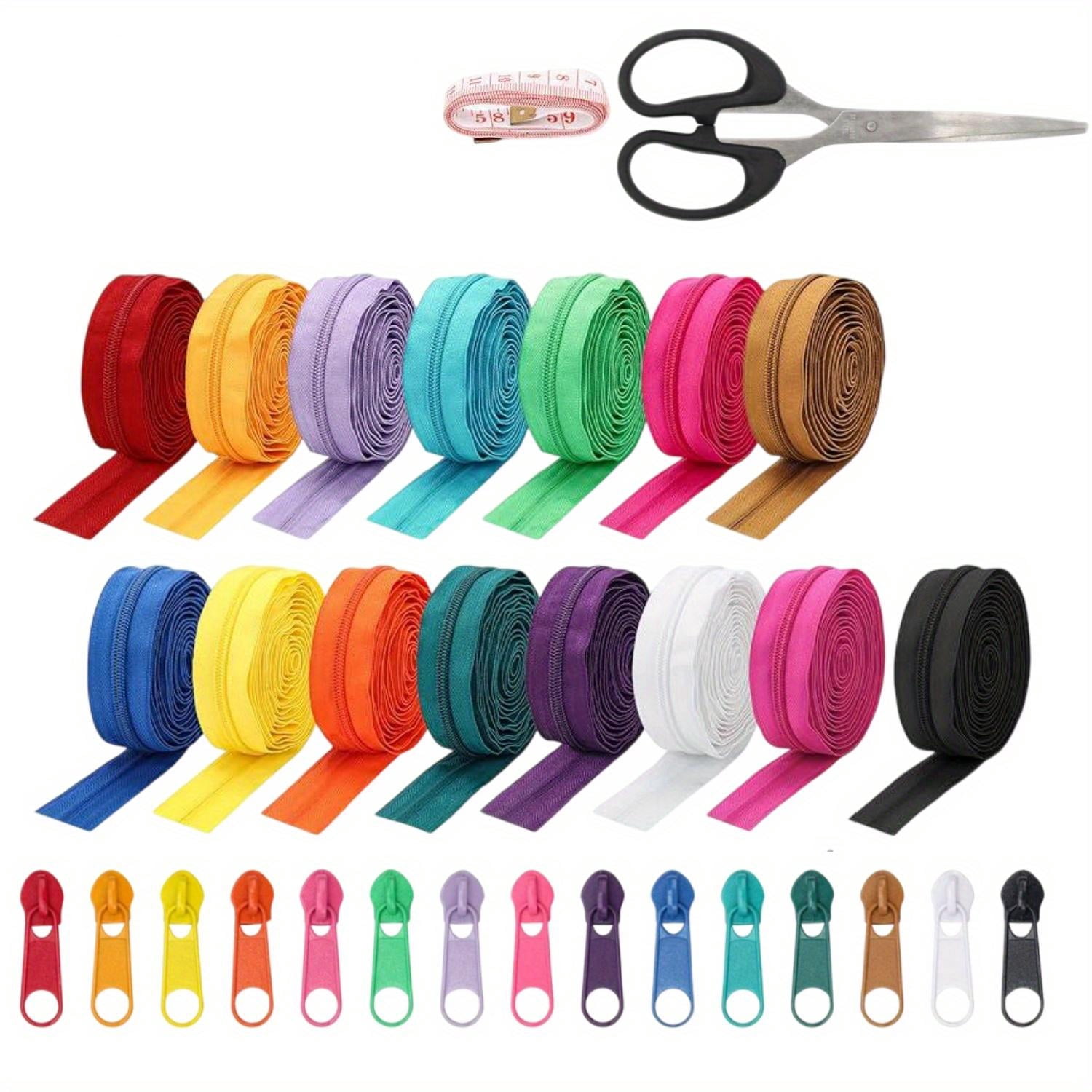 45 yards 15 Colors #5 Nylon Coil Zippers with 90pcs Pull Heads, Scissor, Ruler, Assorted Lengths Sewing Zipper for DIY Sewing Crafts Zipper Tape for Clothes, Bag, Purse Making Supplies Kit