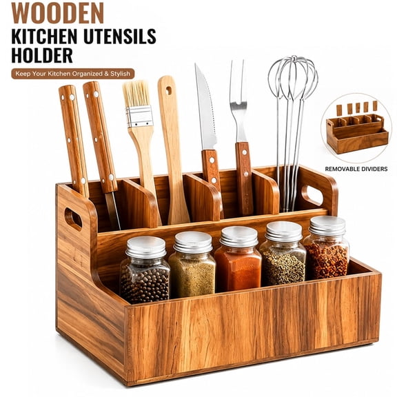 Wooden Kitchen Utensil Holder, Multi Compartment Caddy Organizer with Removable Dividers, Countertop Storage Rack for Spoons, Spatulas & Cooking Tools, Rustic