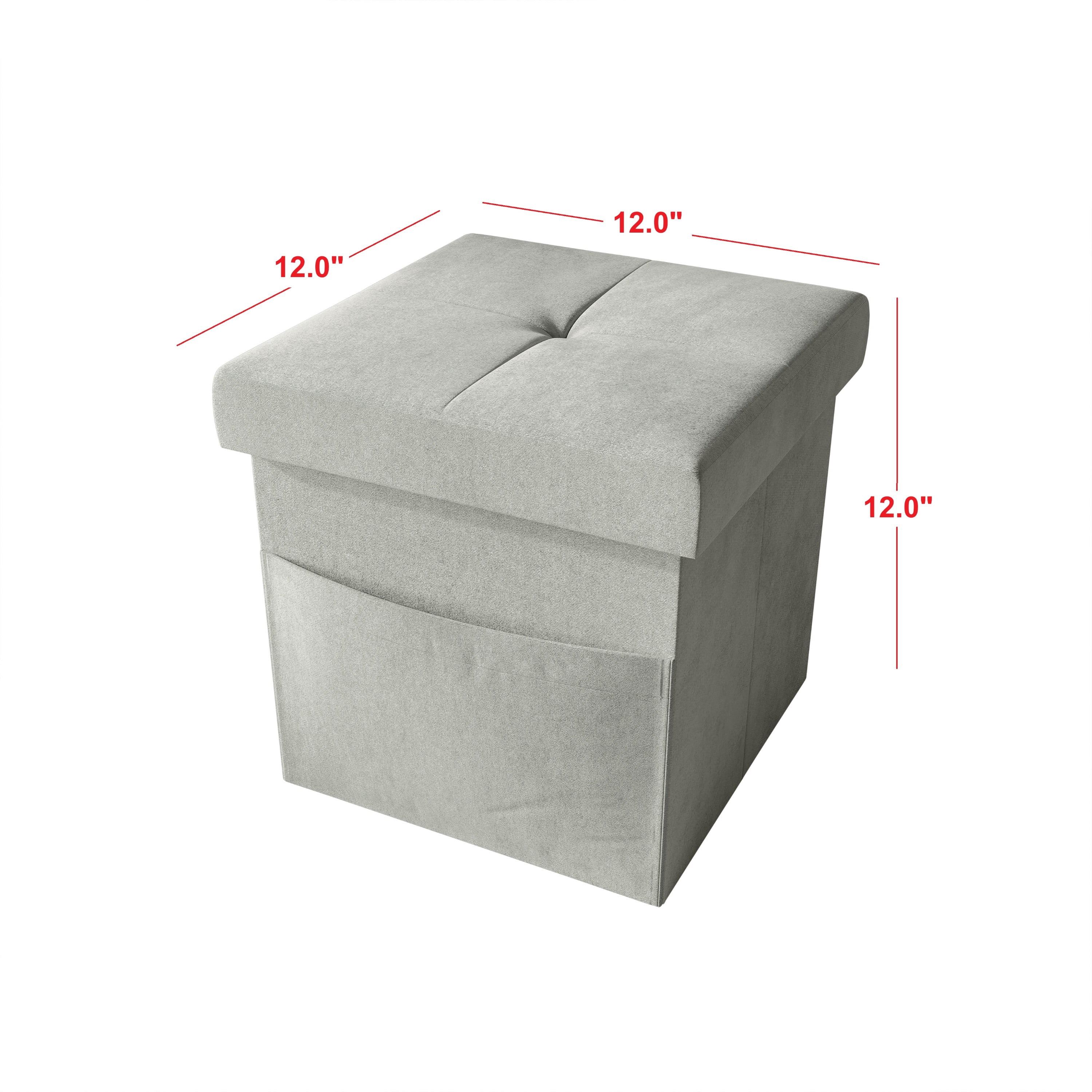 Home Design Chico 12" Tufted Upholstered Folding Storage Bench with Deep Cushion and Front Pocket, Multi-Purpose Rectangular Design for Bedroom, Entryway, or Living Room, Light Gray