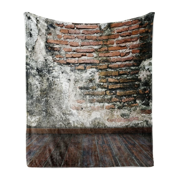 Rustic Soft Flannel Fleece Throw Blanket, Worn Looking Wall Photograph with Wooden Floors Building Structure, Cozy Plush for Indoor and Outdoor Use, 50" x 60", Cinnamon Black White, by Ambesonne