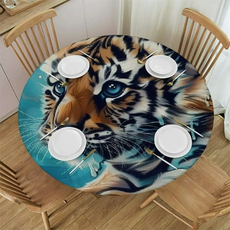 

Patifu Tiger Cub Butterfly Blue Background Round Table Cover Stain Resistant Washable Indoor Outdoor Tablecloth Kitchen Dining Wedding Parties Picnic Farmhouse 100% Polyester Fiber 54-58