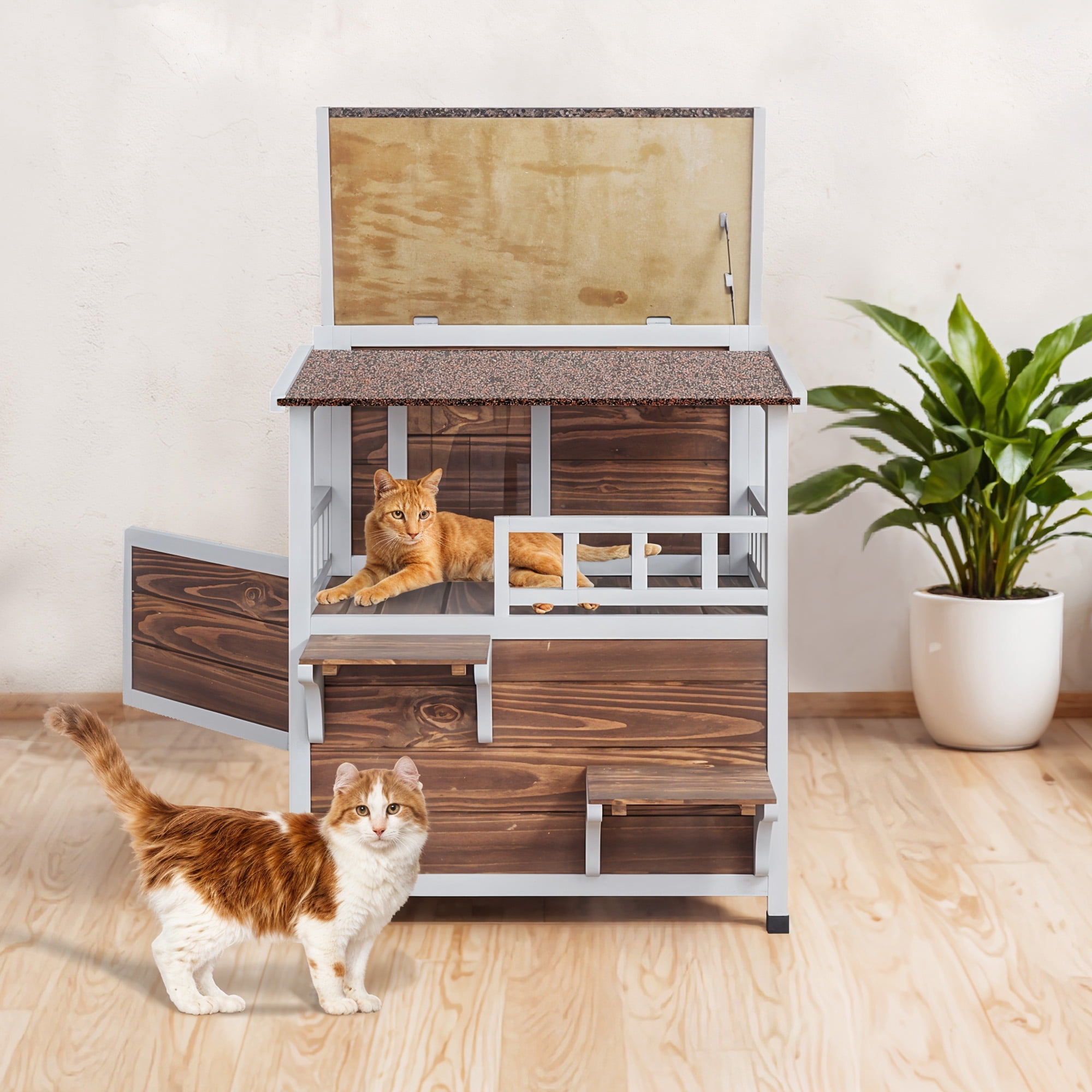 Uforic Two Story Outdoor Cat House, Cat Shelter Weatherproof Wooden Cat House with Balcony - Brown