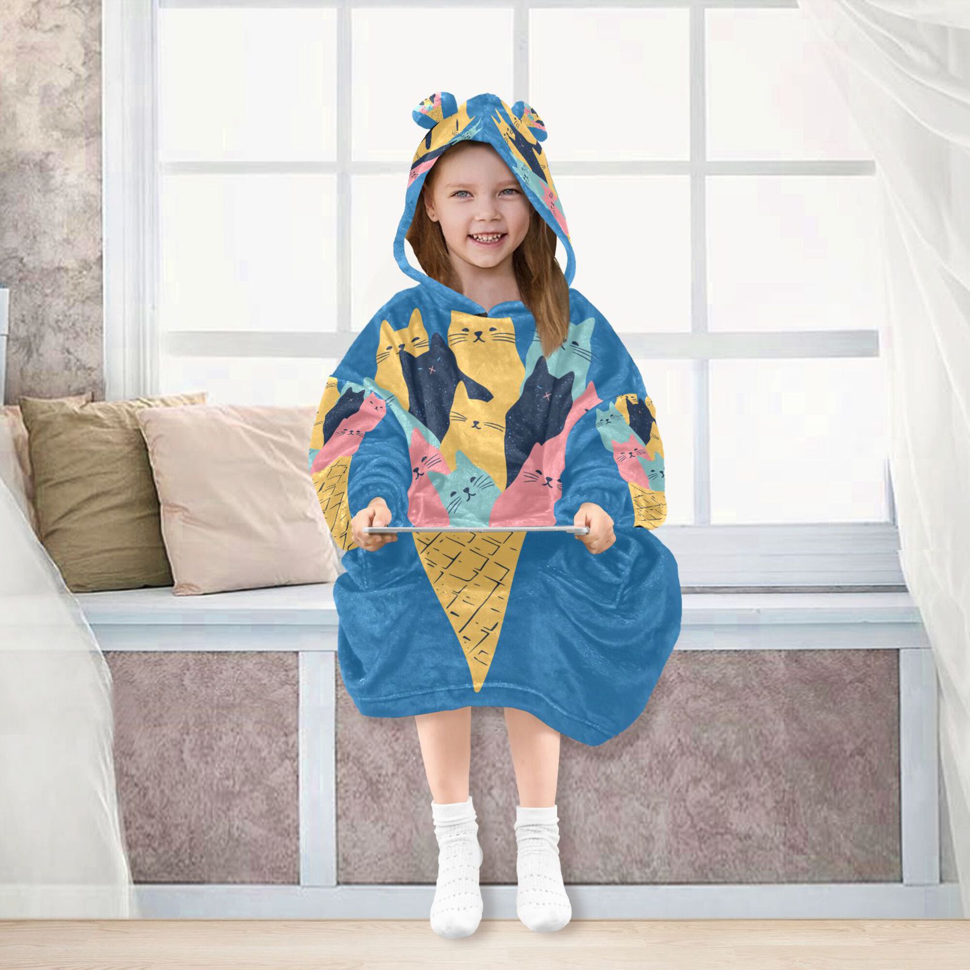 FORMRS Wearable Blanket Hoodie with Sleeves for Kids Cozy Flannel Sweatshirt, Colorful Ice Cream Cat