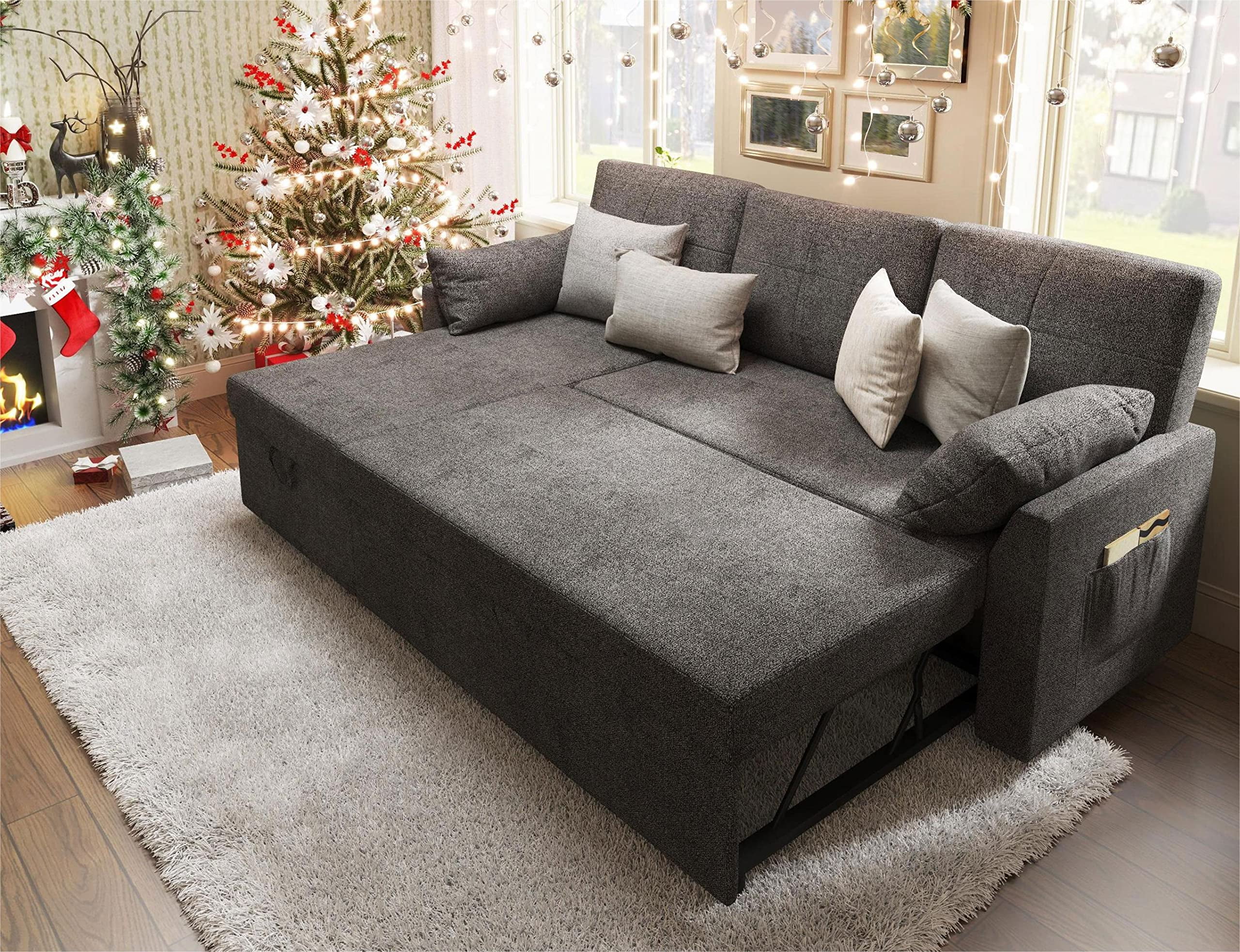 VANACC Sleeper Sofa with Storage Chaise-2 in 1 Pull Out Couch Bed for Living Room, Sectional Couch,Gray