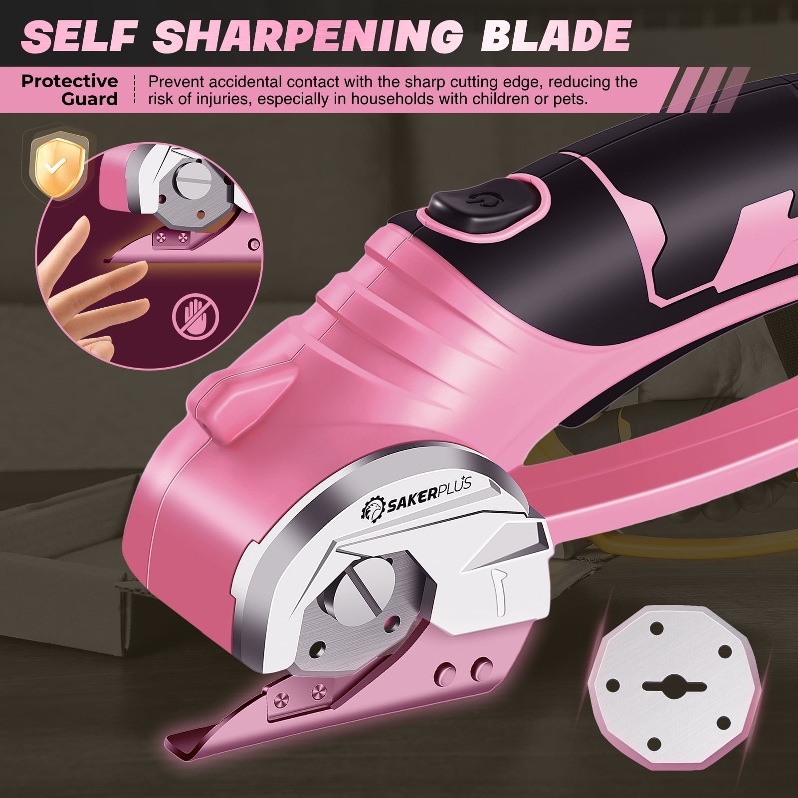 Saker 4V Cordless Electric Scissors, Cardboard Cutter with Safety Lock, LED Light, 220RPM Rotary Cutter for Cardboard, Fabric, Box, Leather, Pink
