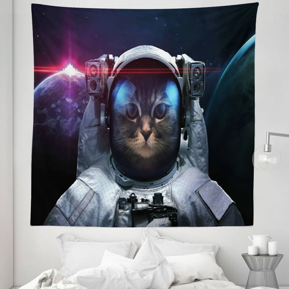 Space Cat Tapestry, Cosmonaut Kitty in Galaxy Cosmos Nebula Stars with Eclipse Image, Fabric Wall Hanging Decor for Bedroom Living Room Dorm, 5 Sizes, Dark Blue White, by Ambesonne