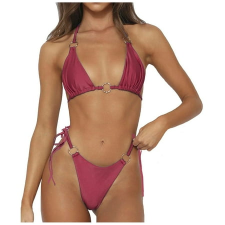 Womens Swimsuits 2 Piece Solid Spaghetti Strap Brassiere with Thongs Split Bikinis Wine Bathing Suit for Women M