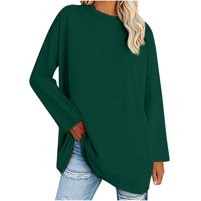 IROINID Hauts à Manches Longues Réduits pour Femmes, Détente, Col Rond, Chemise Ample Unie, Blouse, Hauts, Vert Olive