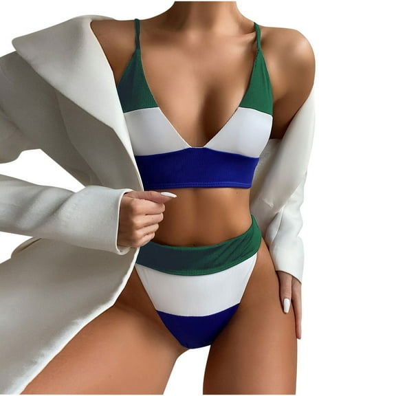 QLEICOM Womens Swimsuits Tummy Control Plus Size Swimsuit Coverup Fashion Printed Bikini Push-Up Padded Swimwear Swimsuit Beachwear Set Blue S