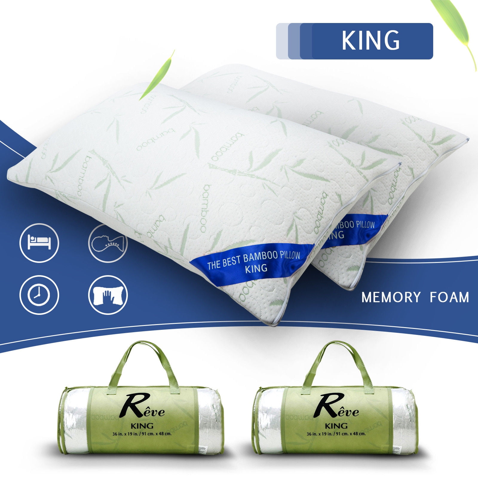 Bamboo Memory Foam Bed Pillow King Size Hypoallergenic with Carry Bag 1 PACK 