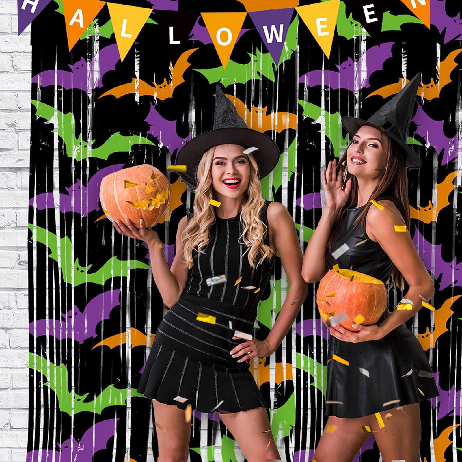 Rideau Frange Halloween Fenêtre – Motif Citrouille Noir Orange Violet – 1x2 M – Installation Facile Avec Adhésif