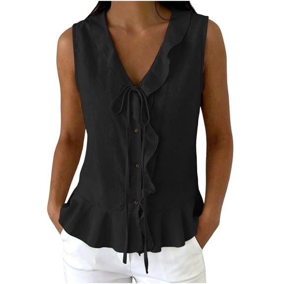 CYMMPU Women's Sleeveless Ruffle Linen Tank Top, V Neck Tie Front Button Flowy Peplum Hem Summer Blouse Black S