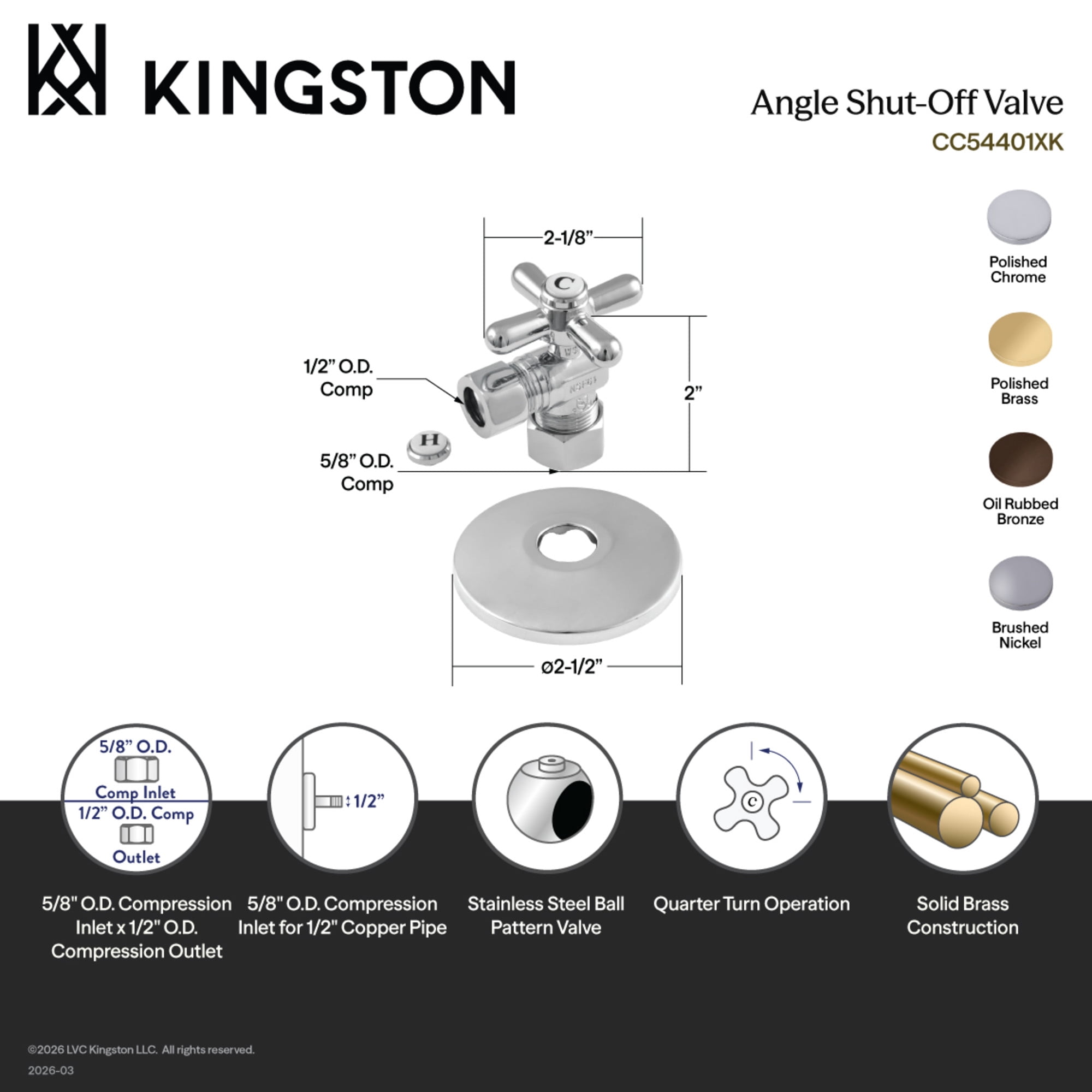 Kingston Brass CC54405XK 5/8-Inch O.D. Comp x 1/2-Inch O.D. Comp Quarter-Turn Angle Shut-Off Valve with Flange in Oil Rubbed Bronze