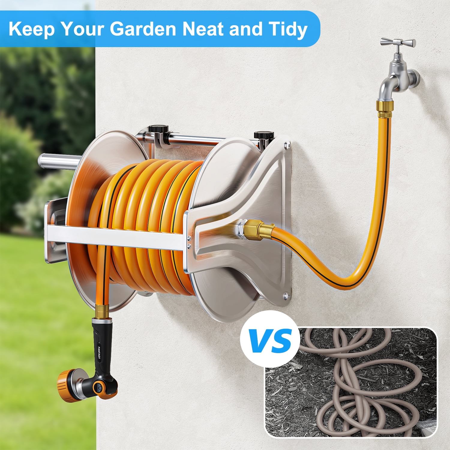FANHAO Wall Floor Mounted Garden Hose Reel, Outdoor Heavy-Duty Water Hoses Holder Winder, Holds 125 Ft of 5/8-Inch Hose, Brass Fitting (Hose Not Included)