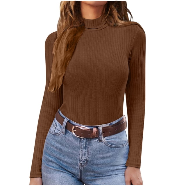 LAJPXKHY Hauts à Manches Longues pour Femmes Col Roulé Extensible Ajusté Chandail Côtelé Thermique Chaud Confortable Basique
