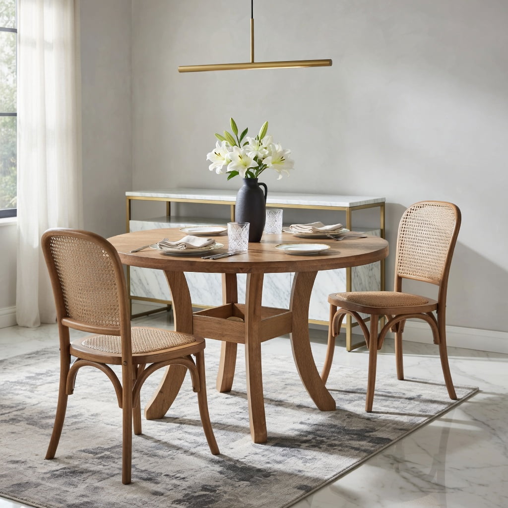 Hommoo Solid Wood Round Dining Table 47 Inch, Farmhouse Kitchen Table with Curved Splayed Legs for 4-6 People, Natural