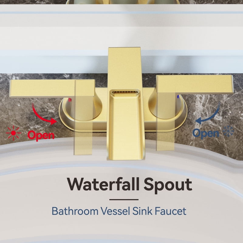 AUKTOPT Bathroom Faucet with Waterfall Spout, Dual Handle Solid Brass 3 Hole Deck Mount Sink Faucet, Easy Installation, Water-Saving, Brushed Gold