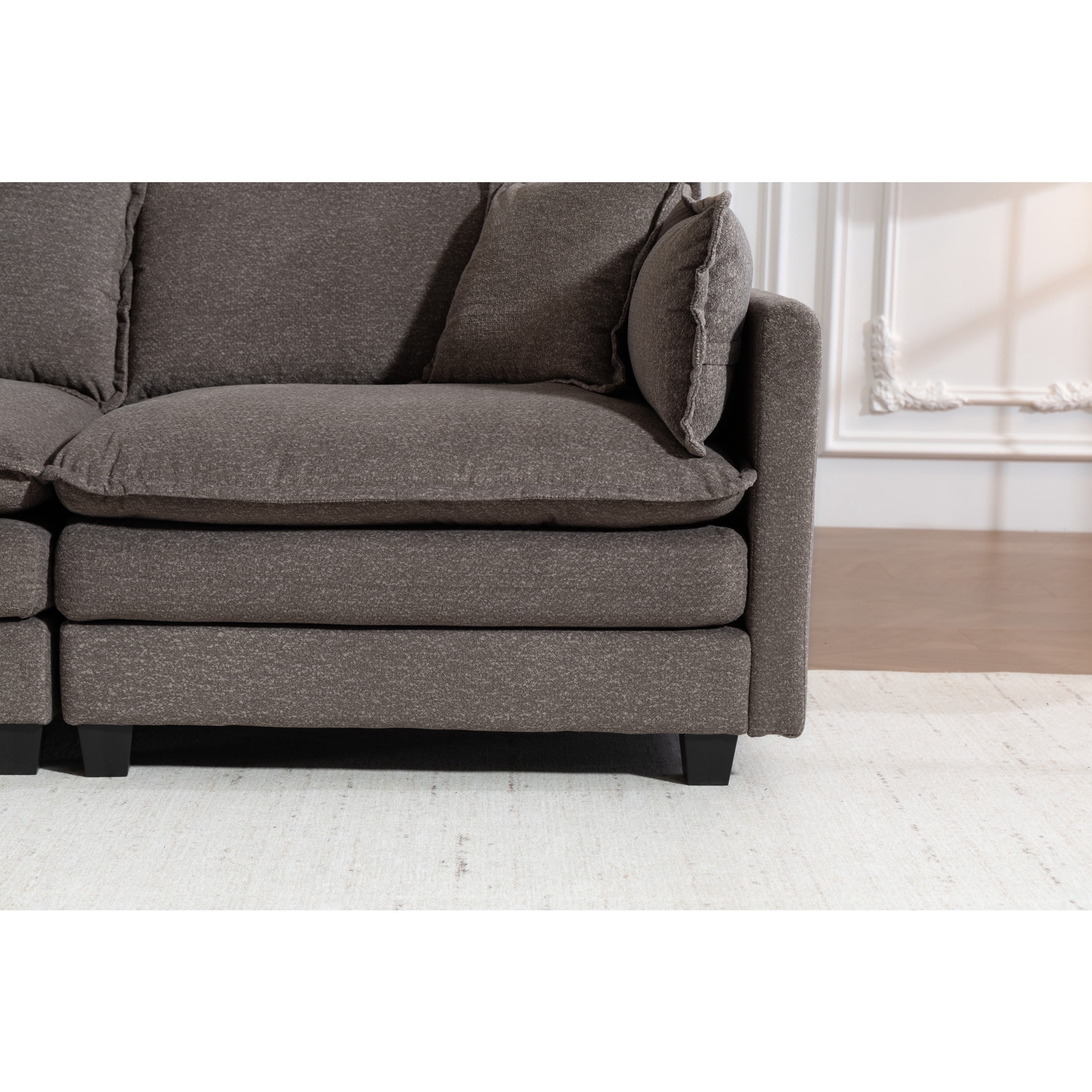 GDF Studio Udolf 113.77" Modern 3-Seat Modular Sectional Sofa with Ottoman and Pillows, Chaise Lounge for Living Room, Grey