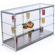 Displays2go 6’ Counter Glass Showcases with Side Lighting, Lockable, Tempered Glass Shelves, Aluminum Frame – Silver (JBQCT72LED)
