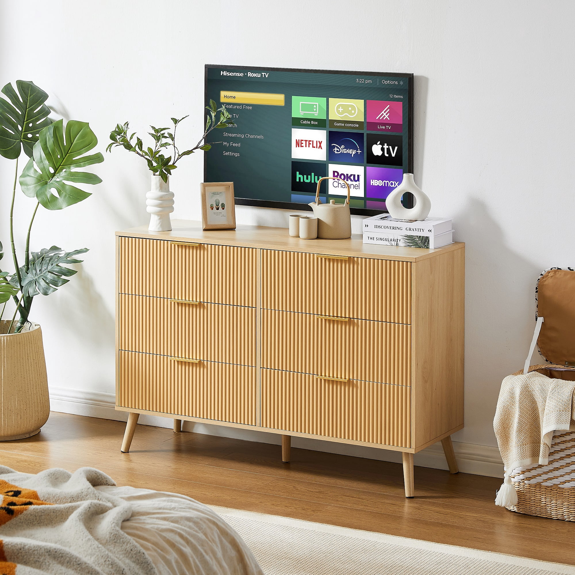 Lunale 47.2" Bedroom Dresser, 6 Double Dressers with Wavy Drawers, Wooden Chest of Drawers for Living Room, Nature