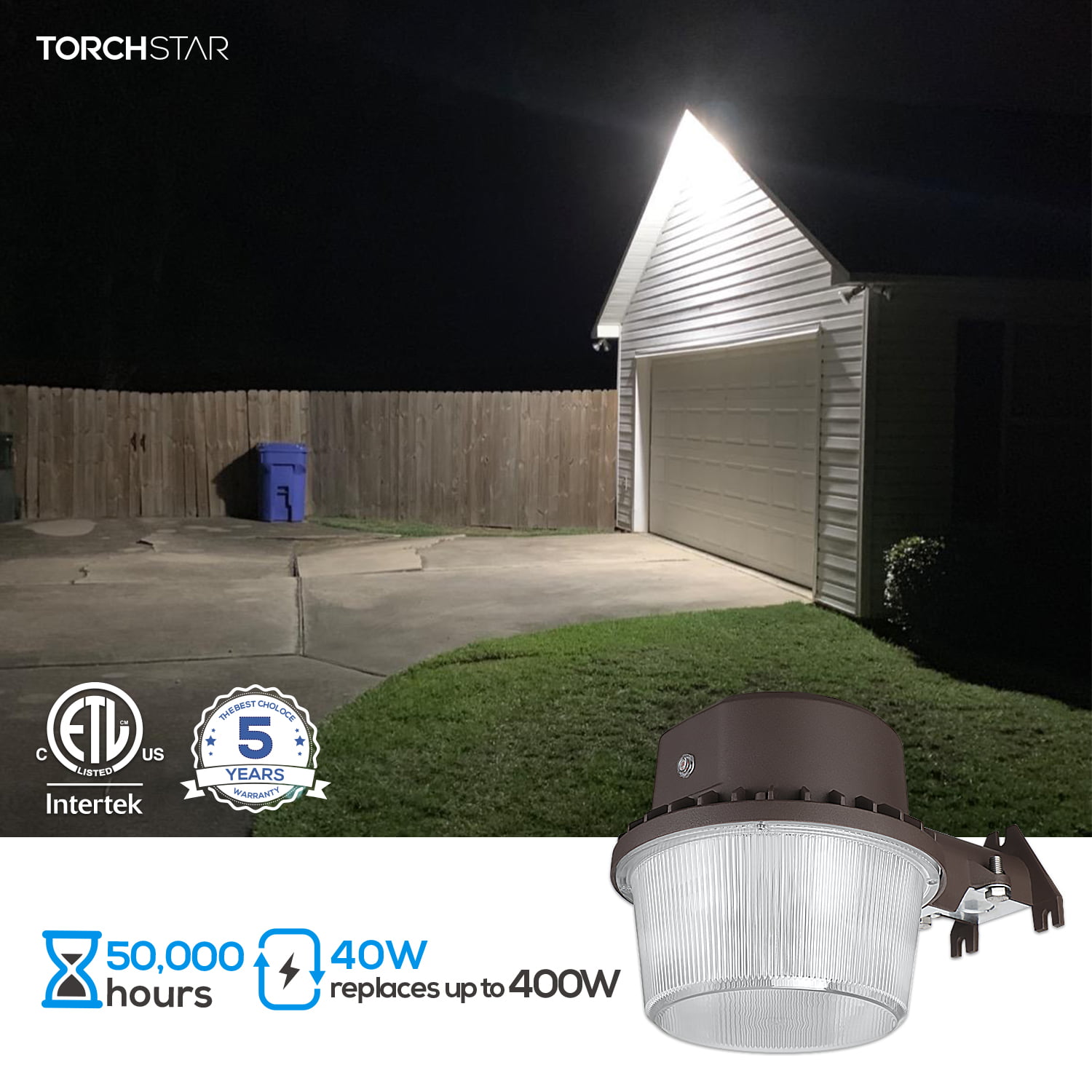 LED Barn Light 40W 6500lm Waterproof Dusk to Dawn Yard Light Photocell 5000K 