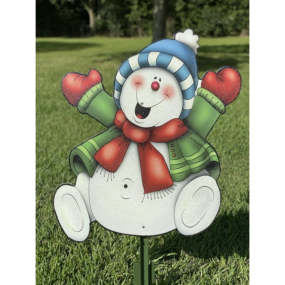 Sitting Snowman Waving Christmas Yard Art