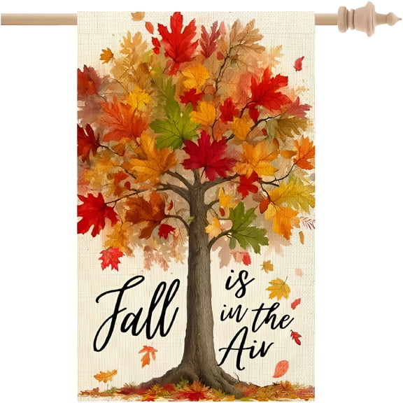 AUQ 2026 New Fall House Flag 28X40 Inch Double Sided for Outside Large Burlap Autumn Tree Maple Leaves Holiday Yard Decoration