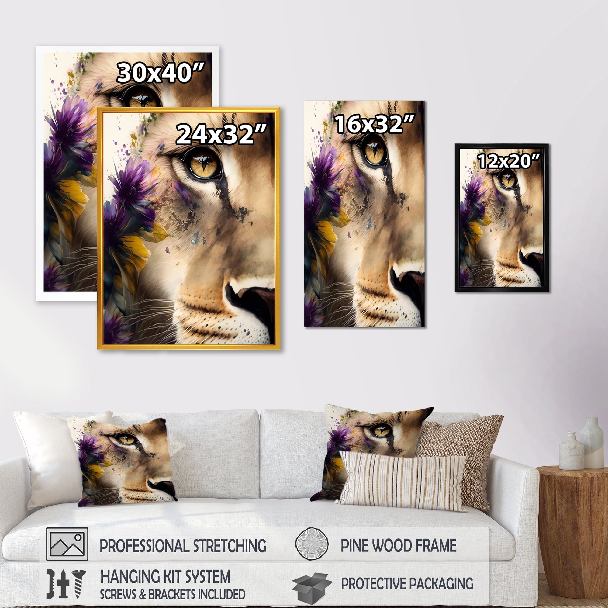 Designart Half Lion Portrait With Flowers Canvas Wall Art