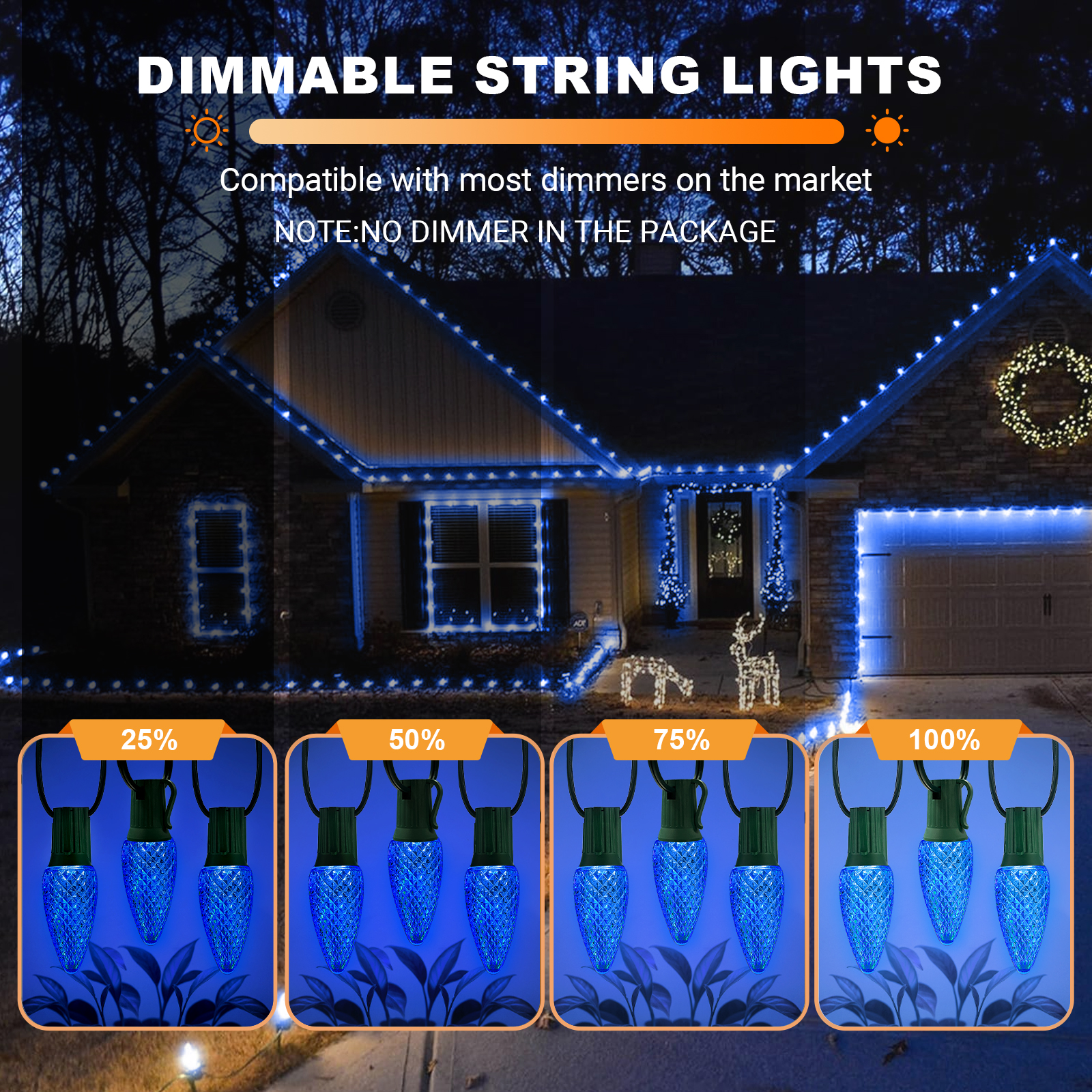 LAMPHOME Blue C9 Christmas String Light Outdoor, 25FT Shatterproof LED for House Rooflines & Pathways, Connectable Waterproof Vintage Christmas Light for Tree, Yard, Patio, Porch, Garden