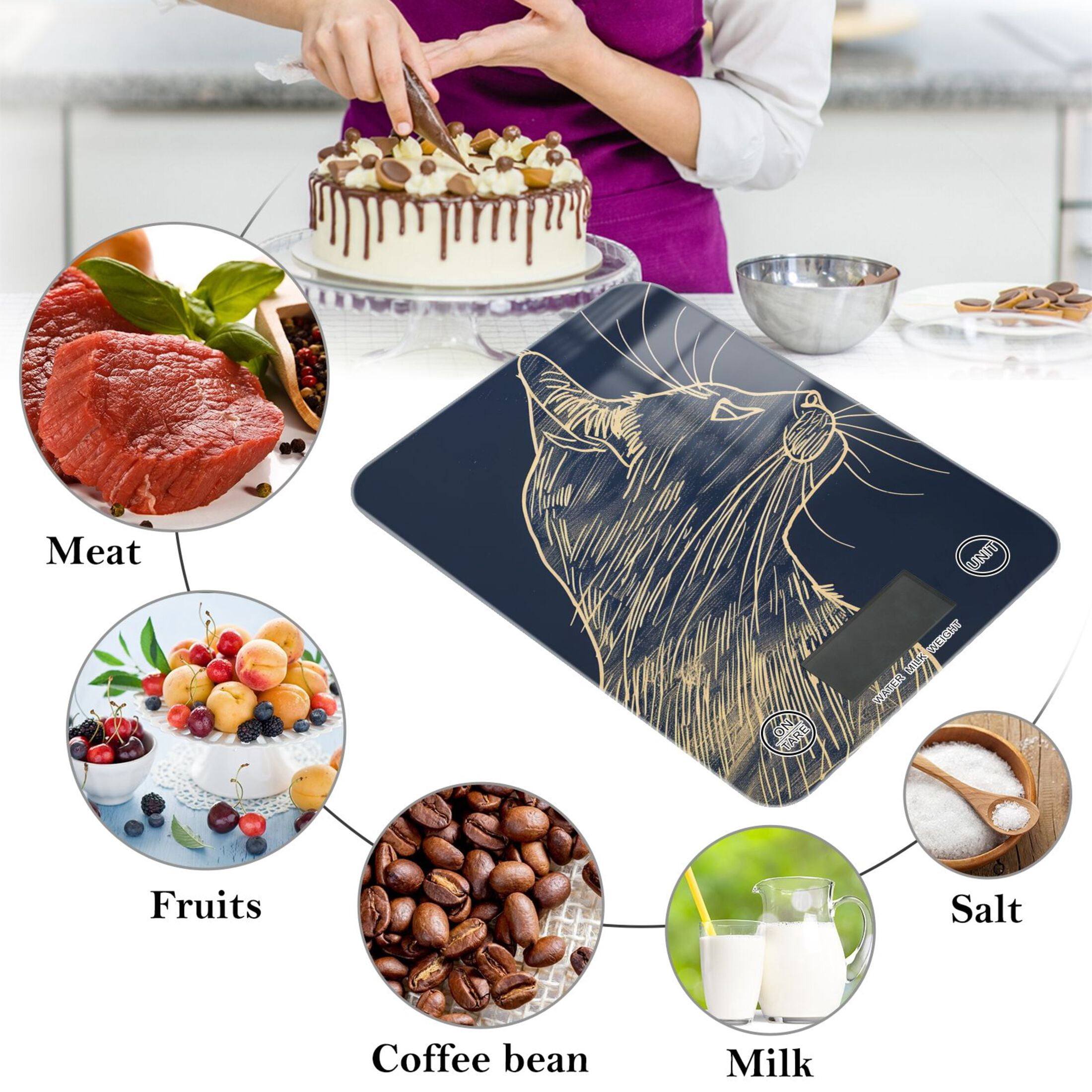 Cat in Blue Food Scale Digital Kitchen Scale Waterproof Tempered Glass Tare Function 11 lb for Baking Cooking Meal Prep