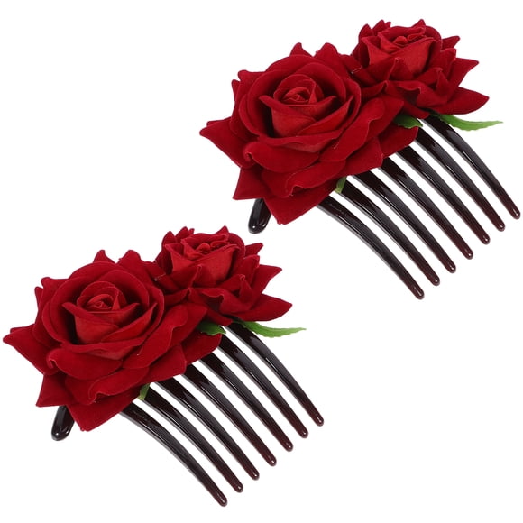 2Pcs Fabric Rose Flower Hair Comb Bridal Hair Bun Clip Wedding Hair Styling Tool