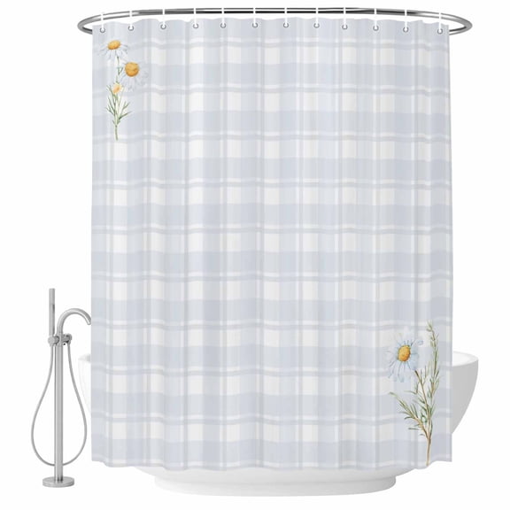 Spring Daisy Floral Shower Curtain, Waterproof Shower Curtains for Bathroom, Yellow Plaid Summer Botanical Washable Fabric Bathtub Curtain Set Bath Decor with 12 Hooks Long 72"x84"