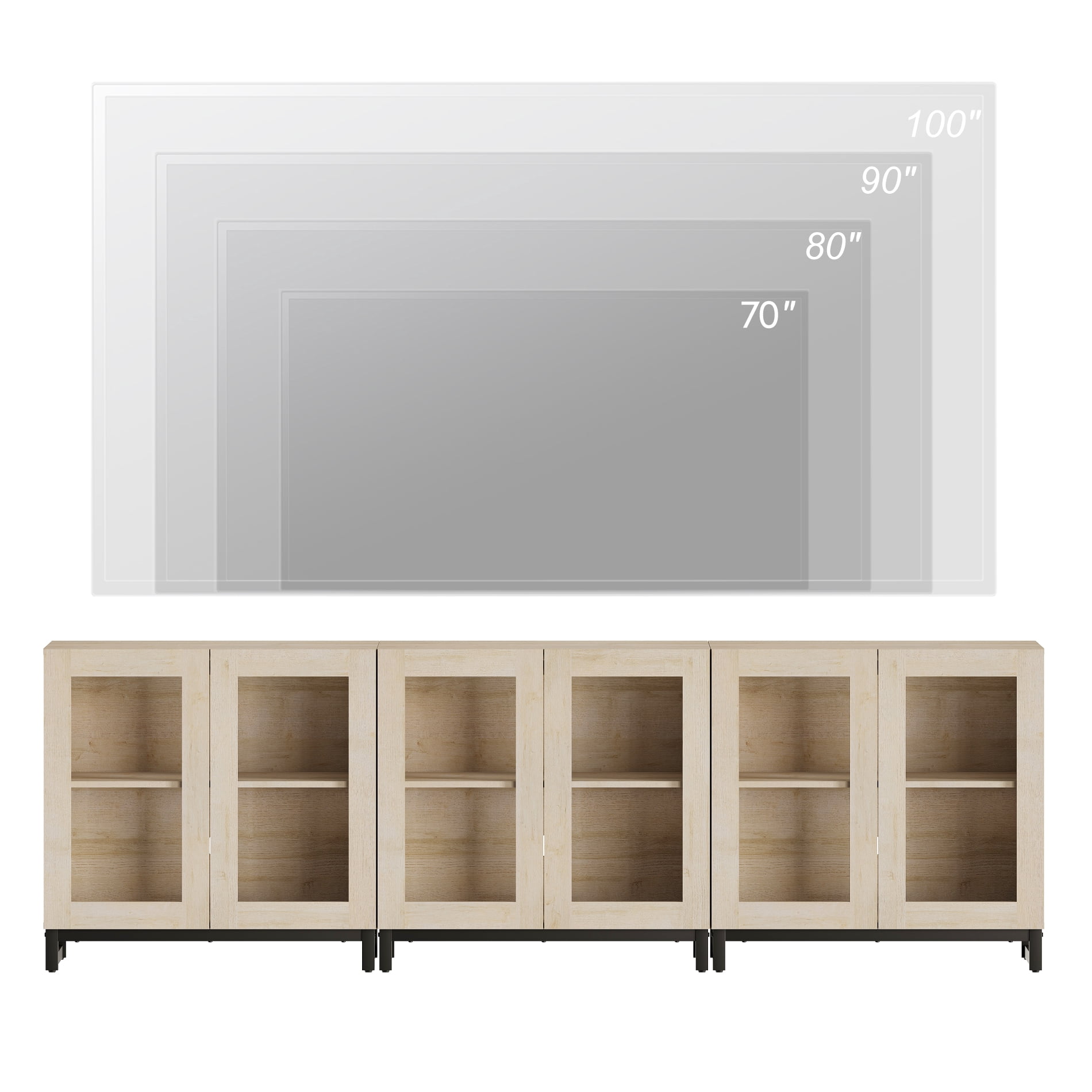 Modern Entertainment Center TV Console with Adjustable Shelves and Glass Doors, Home Media Furniture for 110 Inch TVs, Perfect for Living Room Use,Beige