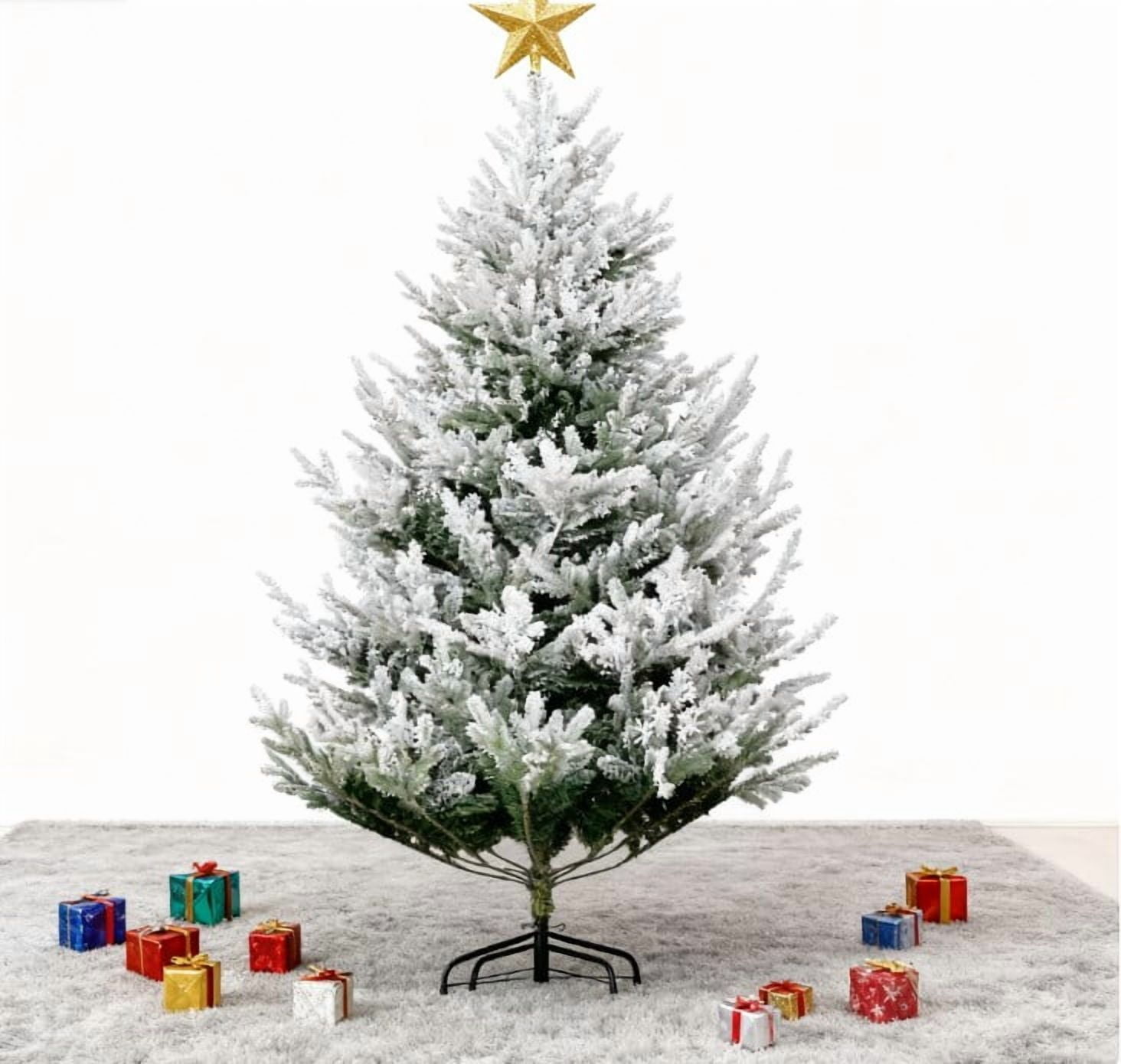Flocked Hinged Xmas Tree, Artificial Christmas Tree with 795 Tips, Steel Base, Auto Open