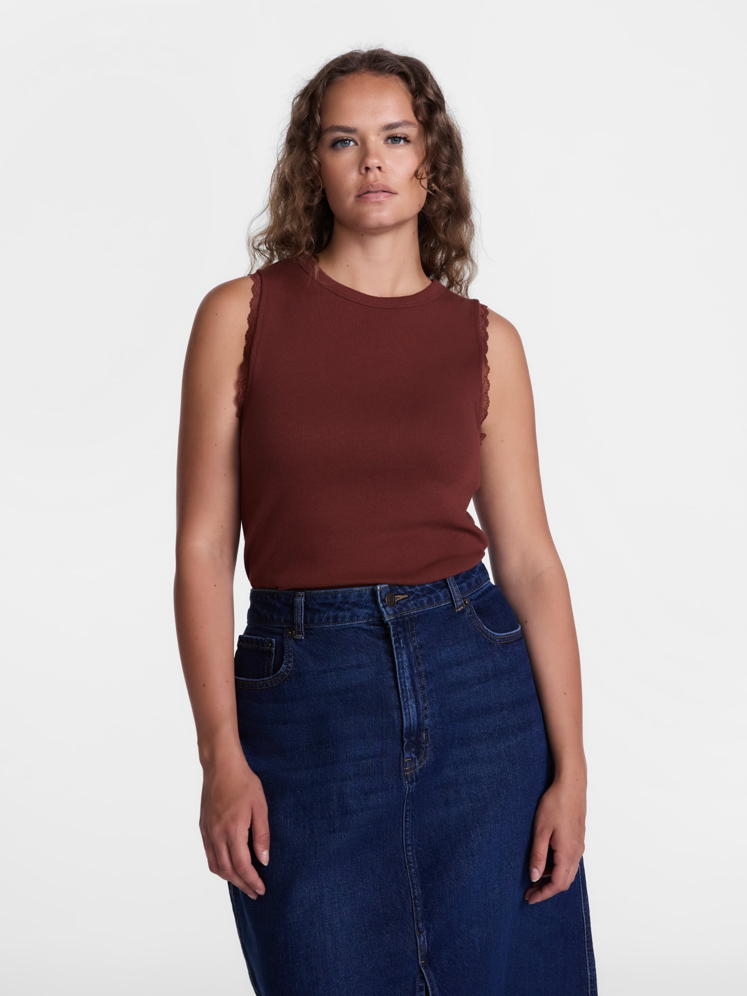 Scenario Women's Ribbed Tank Top with Lace Trim, Sizes XS-XXXL