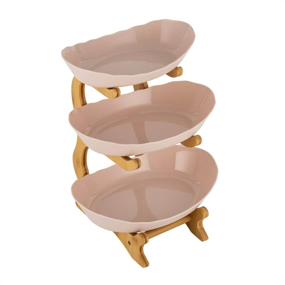 Autrinix 3-Tier Bamboo Fruit Basket for Counter, Stackable PP Food Storage Bowl with Yuanbao Design, Space-Saving Kitchen Organizer for Fruits Snacks Decor