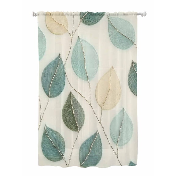 Sheer Curtains 72 Inches Long, Teal Green Leaf Semi Sheer Curtains Light Filtering Window Treatment, Farmhouse Vintage Middle Century Textured Privacy Voile Drapes for Living Room Bedroom 52x72 Inch