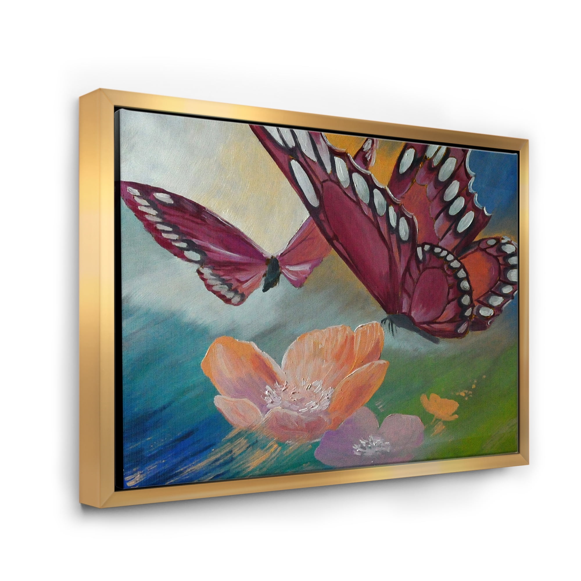 Designart 'Butterflies On Pink Flowers' Traditional Framed Canvas Wall Art Print