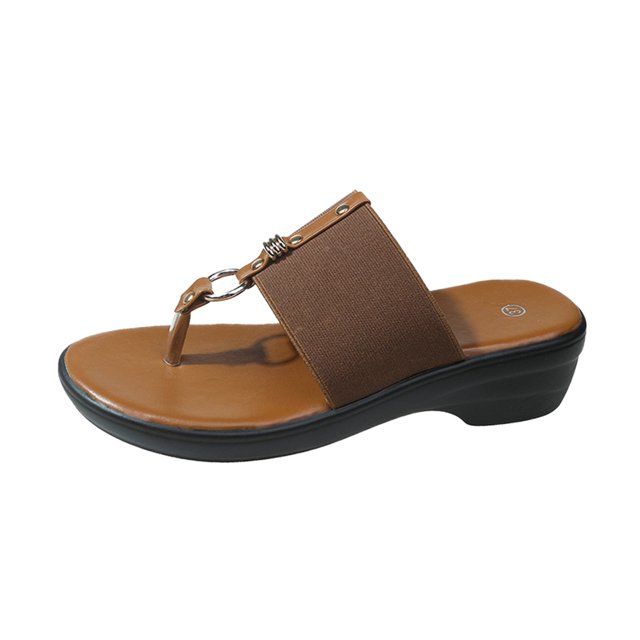IUJSOY Wedge Heel Sandals for Women Metal Buckle T-Strap Flip Flops Fashion Low Heel Slides
