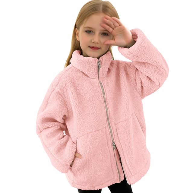 Liyamei Children's Solid Color Double Zipper Fleece Jacket Pink 7-8 Years