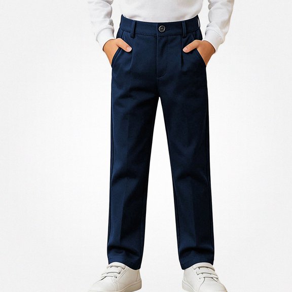 SGFCWSX Boys Chino Pants, Straight Leg Pleated Button Zipper Relaxed Fit Trousers with Pockets for School Uniform Navy Size 7