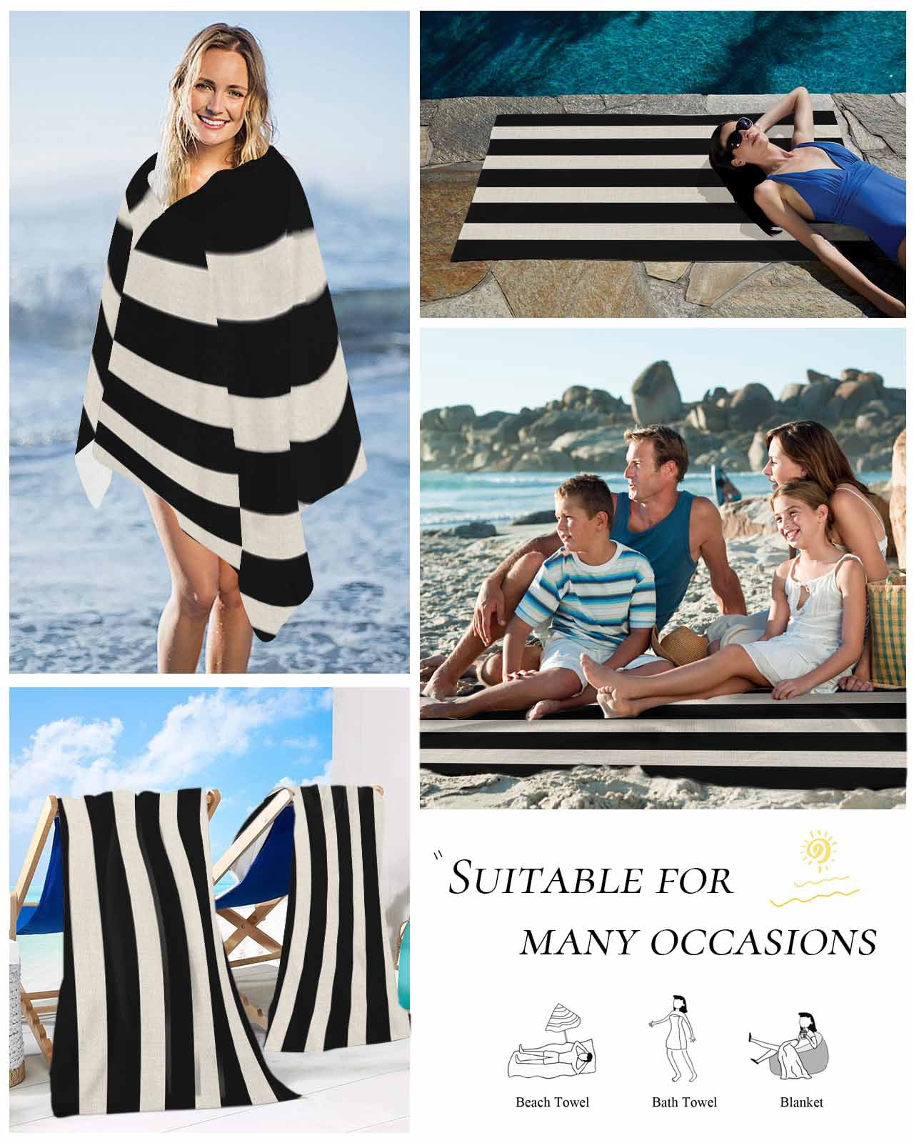 Black Beige Striped Beach Towels Oversized Super Absorbent, Vintage Geometric Line Simple Lightweight Bath Towel Quick Dry Sets For Bathroom/Pool/Rv Camping/Beach Play/Gym Room/Picnic 31"x62"